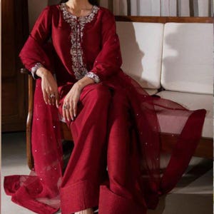 Silk handwork FARSHI Shalwar Two-Piece Outfit with Organza Dupatta for EID-parties-weddings