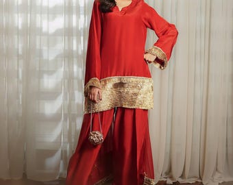 Silk Farshi Shalwar Suit: Kiran Lace, Pakistani Asian Attire
