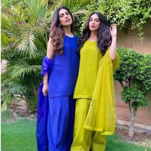 3 Piece Farshi Shalwar Short Silk - Kiran lace With Organza dupatta main image 0