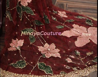 Hand-Painted Organza Dupatta with cutdana lacing : Zardozi Embellished Pakistani Party Wear