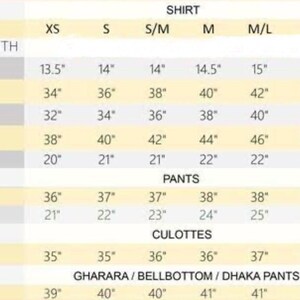 Puede incluir: Una tabla de tallas de ropa en pulgadas. Detalla las tallas de camisas, pantalones y culottes de la XS a la XL. Las medidas incluyen largo de camisa, hombro, pecho, cintura, cadera y manga. Tambi&eacute;n se incluyen las medidas de pantalones y culottes.