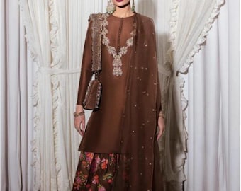Handgefertigtes Pakistanisches Outfit, Rohseide | Custom Farshi 3-teiliges Set