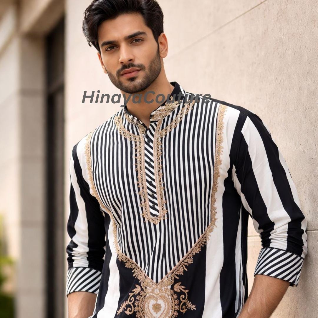 Striped Men's Shalwar Kurta: Black & White Cotton Linen, Hand-Embroidered