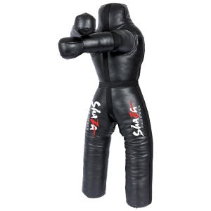 May include: Black leather training dummy with a red and white logo that says "Shaza Industries". The dummy is standing with its arms raised in a fighting stance.