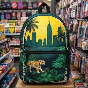 Mochila vibrante para estudiantes, amantes de la naturaleza y jóvenes profesionales. Escena de jungla urbana. Estilo urbano único. Práctica para uso diario. Regalo ideal.