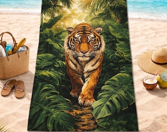 Strandhanddoek tropische tijger, exotische junglekunst, zomerse ontspanning aan het zwembad, cadeau voor natuurliefhebbers