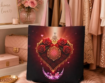 Romantic Rose Heart Tote Bag, Sacred Geometry Crystal Design, Aesthetic Floral Bag, Gift for Her, Pink Strap Handbag
