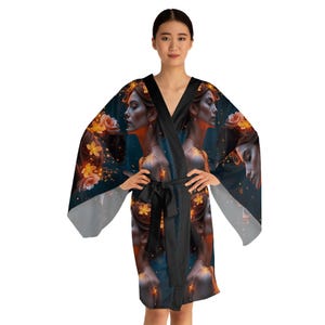 Long Sleeve Kimono Robe, Celestial Bloom Kimono Robe, Mystical Starry Night Wrap with Ethereal Floral Goddess Art, Best gift for her