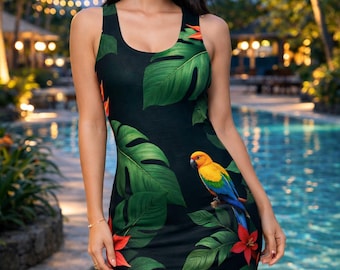 Green Bird Print Sleeveless Summer Tank Dress  Tropical Casual Summer  Beach Dress Bright Green Dress Beach Dress Summer Dress Vacation - Etsy