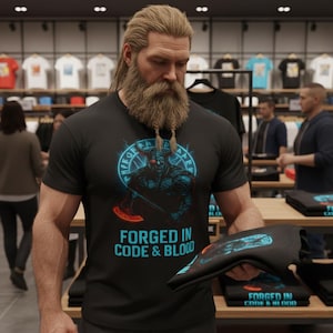 Camiseta de mitología nórdica vikinga cibernética, forjada en código y sangre, hacha rúnica digital, camiseta estética ruda, energía cargada de relámpagos