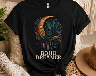 Boho Dreamer Cat Moon Print Tee, Unisex Jersey T-Shirt, Festival Outfit 2026