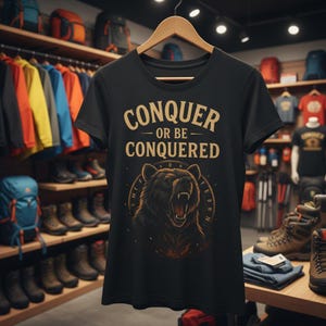 T-shirt graphique ours Conquérir ou être conquis, haut unisexe motivant