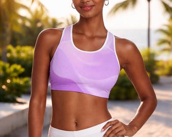Top esportivo roxo degradê, top atlético com tecnologia de absorção de umidade, ideal para ioga e fitness.