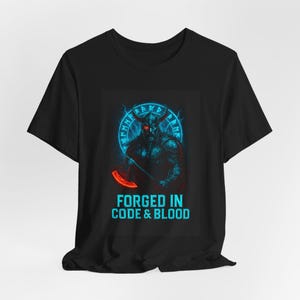 Cyber Viking Norse Mythology T Shirt, Forged in Code And Blood, Digital Rune Axe, Badass Aesthetic Shirt, Lightning Charged Energy