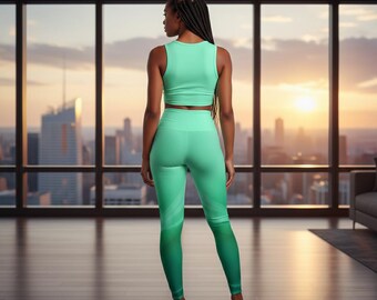 Könnte beinhalten: Ein mintgrünes Set bestehend aus einem ärmellosen bauchfreien Oberteil und einer passenden Leggings mit hoher Taille. Die Leggings weist einen dezenten Farbverlauf auf, der von einem hellen Mintgrün an der Taille zu einem kräftigeren Grün verläuft.
