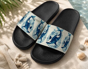Men's Whale Print Slide Sandals, Nautical Beach Pool Footwear