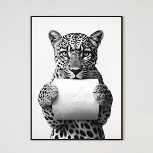 Funny Leopard Holding Toilet Paper Print – Black and White Bathroom Wall Art – Quirky Jungle Animal Restroom Decor – Printable Artwork