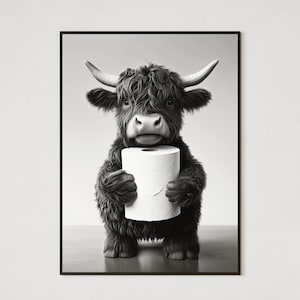 Funny Highland Cow Holding Toilet Paper Print – Black and White Bathroom Art – Restroom Decor – Humorous Printable Gift - Digital Download