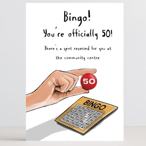 Grappige 50e verjaardagskaart – bingo mijlpaal verjaardagskaart voor vrienden of familie – brutale wenskaart voor hem of haar – humoristische leeftijdskaart
