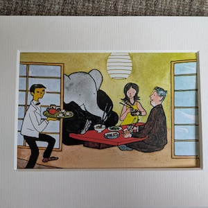 Babar come sushi y ramen, ilustración de Jean de Brunhoff C1966 montada