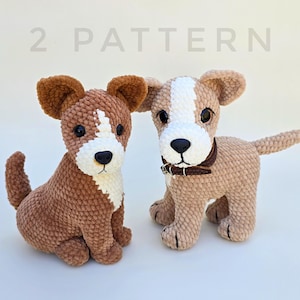 May include: Two crocheted dog toys in shades of brown and tan. One dog is sitting, the other is standing with a brown collar. Both have black eyes and white markings. The text "2 PATTERN" is above the dogs.