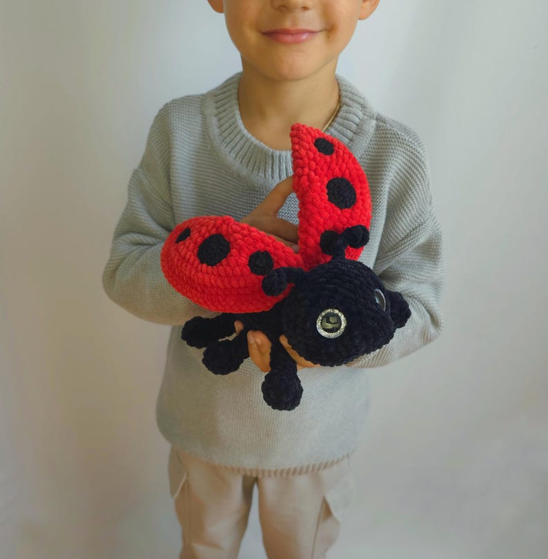 May include: A child holds a crocheted ladybug toy with red wings and black spots. The ladybug has black yarn for its body and legs, and large black eyes.