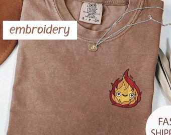 Calcifer Embroidered Comfort Colors Tee - Howl&#39;s Moving Castle Anime Shirt