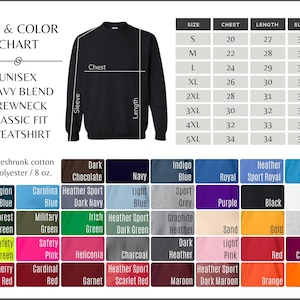 May include: A black unisex heavy blend crewneck classic fit sweatshirt. The image includes a size and color chart with measurements in inches. The available colors include navy, black, and red.