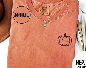 Embroidered Pumpkin Pocket Comfort Colors Shirt - Minimal Fall Tee