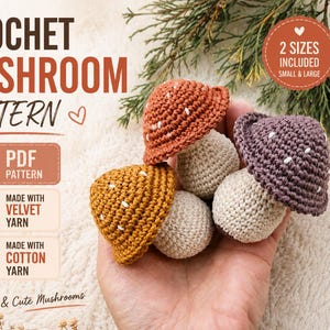Wzór szydełkowy na grzyby amigurumi, włóczka aksamitna, przyjazny dla początkujących, wystrój Cottagecore w formacie PDF, łatwy wzór na grzyby szydełkowe, wzór na grzyby szydełkowe