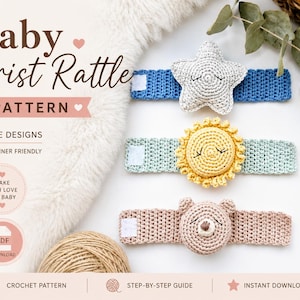 May include: Three crochet baby wrist rattles featuring a star, a sun, and a bear face. The star is light gray, the sun is yellow on a light green band, and the bear is light brown. Each band has a white hook-and-loop fastener closure.
