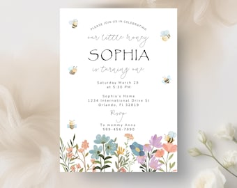 Bee First Birthday Invitation, Honey Bumblebee Party (Digital)