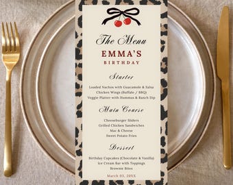 Cheetah & Leopard Menu, Cherry Animal Print Editable Canva Template, Modern Coquette Party (Instant Download)