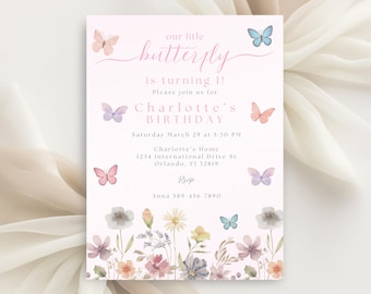 Floral Butterfly Birthday Invitation, Pink Purple Wildflower Party (Digital)