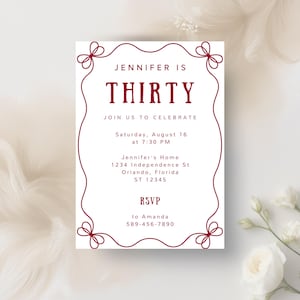 Invitación de cumpleaños con lazo rojo coqueta / Invitación editable para cumpleaños número 30 y 20 para ella / Elegante invitación de fiesta DIY / Estética de lazo rojo