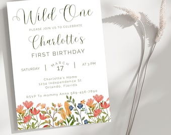 Wildflower First Birthday Invitation, Editable Floral Invite (Digital Download)