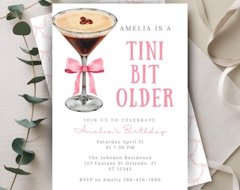 Espresso Martini Birthday Invitation, Coquette Pink Bow (Digital Template)