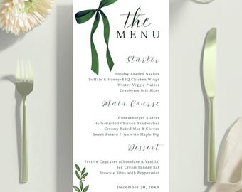 Green Bow Birthday Menu Template, Modern Coquette Party, Instant Download, Editable Printable (Canva)