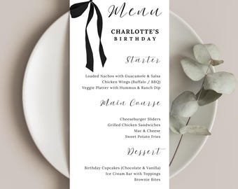 Black Bow Birthday Menu Template, Modern Coquette Party (Instant Download)