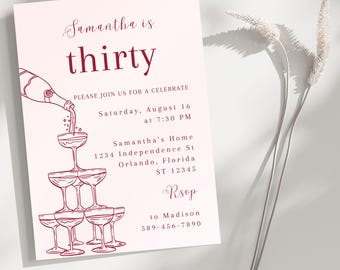 Champagne Tower 30th Birthday Invitation, Elegant Bubbly Celebration (Digital Invite Download) Canva Template