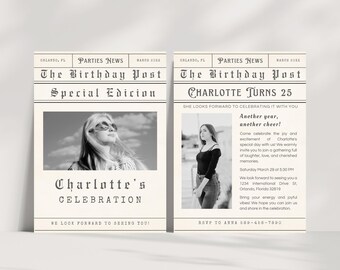 Editable Newspaper Birthday Invitation Template, Canva (Digital)