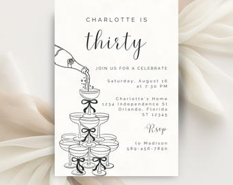Champagne Tower 30th Birthday Invitation, Elegant Bubbly Invite (Editable Digital Template)