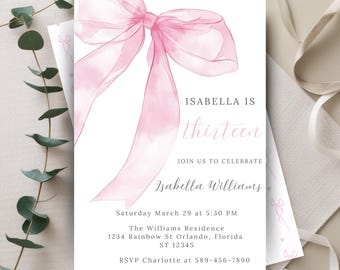 Pink Bow 13th Birthday Invitation | Coquette Birthday Party (Digital Invite)