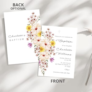 Baptism Invitation Template, Girl Baptism invite, Wildflowers Invitation, Instant Download, Christening Invitation, Baptism Canva Editable