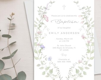 Wildflower Girl Baptism Invitation Template, Elegant Floral Christening Invite (Canva Edit, Digital Download)