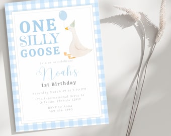 One Silly Goose Boy 1st Birthday Invitation, Blue Gingham (Digital Download)