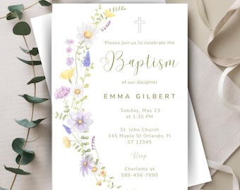 Wildflower Baptism Invitation Template, Elegant Christening Invite (Digital Download)