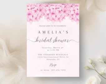 Hydrangea Bridal Shower Invitation, Dusty Pink Floral (Editable in Canva)