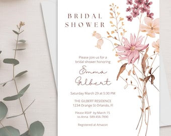 Floral Watercolor Bridal Shower Invitation, Editable Double Sided Template (Digital Download).
