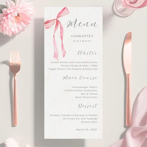 Pink Bow Menu Template Birthday Dinner Table Card Editable Printable, Birthday Menu Canva Template, Coquette Pink Bow Menu, Pink Ribbon Menu